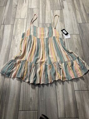 Pastel Multi-Stripe Sleeveless Ruffle Baby Doll Mini Cover Up Lg Beach Resort